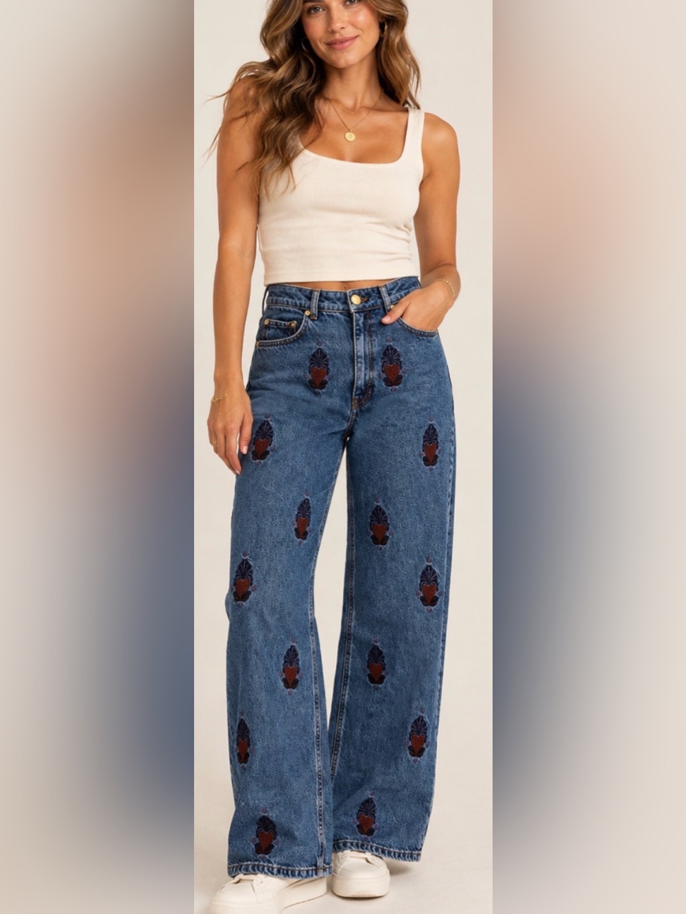 Farm Rio embroidered high waisted wide bottom jeans - Size 26